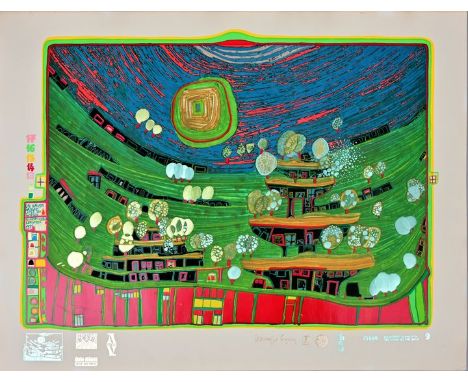 Hundertwasser, Friedensreich. 1928 Wien-2000 Queensland ''Die Häuser hängen unter den Wiesen''. 1972. Farbsiebdruck (19 Farbe