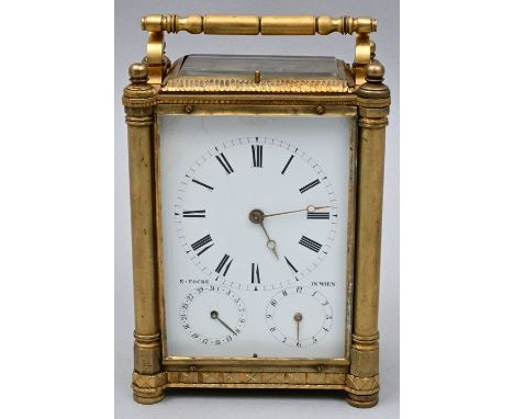 Reiseuhr, Wien, um 1840-1850 Gotisierendes Messinggehäuse mit vier Ecksäulen, Tragebügel, allseitig verglast. Rückseite Messi