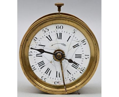 Wecker Emaillezifferblatt mit römischen Ziffern und arabischer Minuterie, Metallzeiger, Schlagwerk funktionstüchtig, rundes M