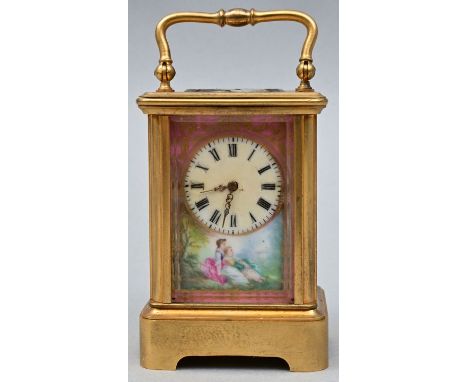 Miniatur-Reiseuhr, Frankreich, 2. H. 19. Jh. Gehäuse Metall vergoldet, Porzellan, bemalt mit landschaftlichen Szenerien und e
