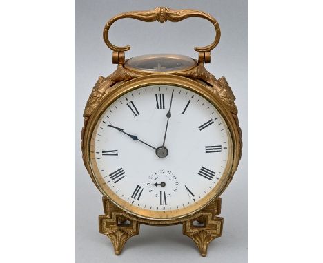 Reiseuhr (Offiziersuhr), 19. Jh. Gehäuse Messing mit Bronzeapplikationen im klassizistischen Stil. Tragebügel blattförmig rel