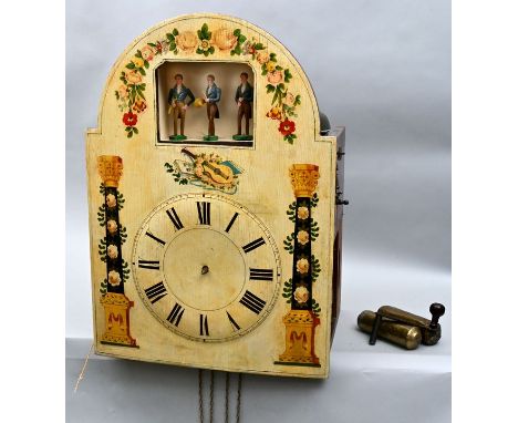 Flötenspieluhr / Schwarzwälder Lackschilduhr mit Spielwerk, 19. Jh. handbemaltes Lackschild verziert mit Apfelrosenkranz, Säu