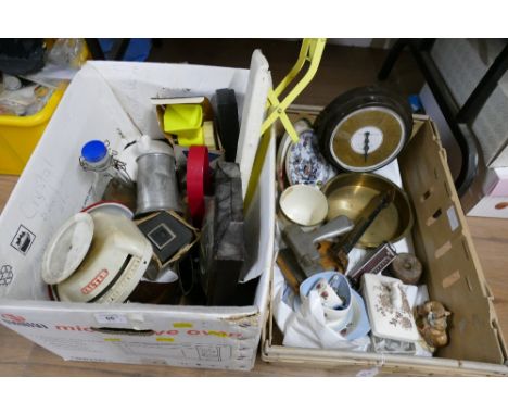 Two boxes of clocks, weighing scales, ornaments, plates etc