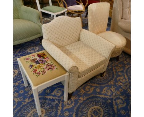 Low or children's armchair, bedroom chair and tapestry upholstered stool