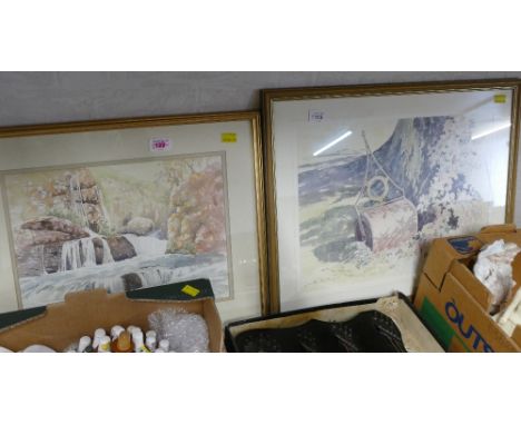 Two original watercolours by Jill Healing - Garden Roller and a waterfall