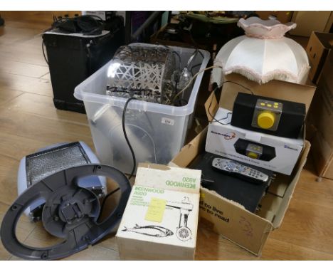 Box of light fittings, halogen heater, memory stick player, lamp etc