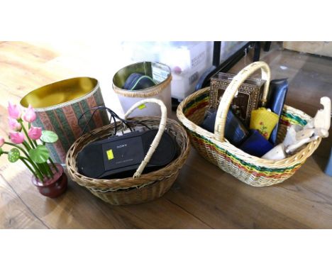 Two baskets and two bins or radio, vases, ornaments etc