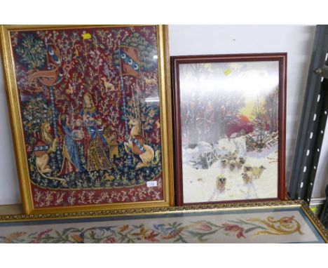 Three tapestry embroidered pictures - largest 124 cm x 24 cm