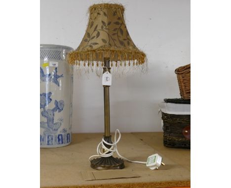 Bronze coloured column table lamp with tasselled and beaded shade, 54 cm high