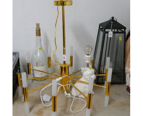 Vintage modern light fitting, lantern style candle holder, dog formed lamp and large empty wine bottle
