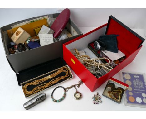 Two boxes of costume jewellery, vintage coins, commemorative crowns, watches, penknife etc this bladed product is not for sal