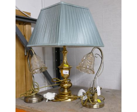 Brass table lamp with green shade 52 cm high and pair of bedside lamps with flower formed glass shades