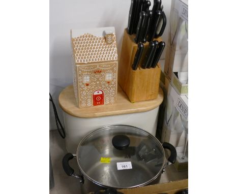 Ceramic bread bin, Dunelm mill, two handled saucepan, M&amp;S gingerbread ceramic cottage and kitchen knives. This bladed pro