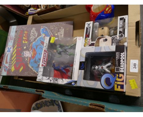 Pop figures, Justice League and Marvel Deadpool figures, Superman ceramic mug and canvas picture