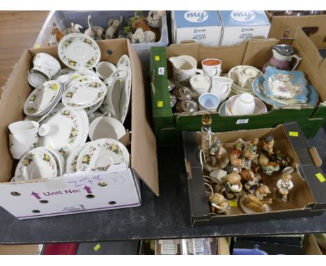 Three boxes of Royal Doulton Miramont dinnerware, Hummel figurines, Susie Cooper part tea set, Bunnykins etc