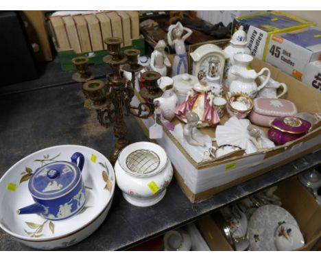 Candelabra, Worcester Evesham bowl, figurines, Royal Doulton and Nao, cabinet cups and saucers, Aynsley Pembroke pattern trin