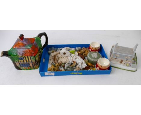 Wade Whimsies, pair of Goebel monk egg cups, green Wedgwood Jasperware pin dish, ceramic pastel burner Old Town Hall Bakewell