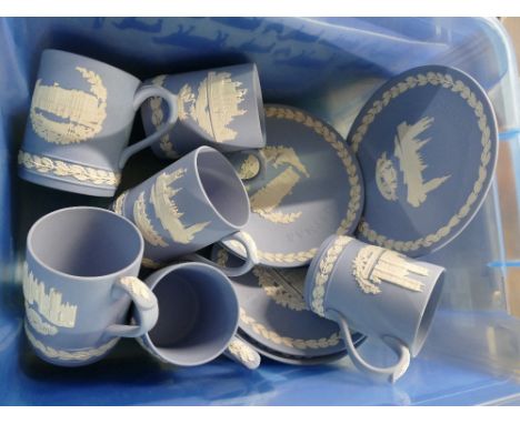 Box of Wedgwood Jasperware, set of six mugs - Tower of London, St James Palace etc and some Xmas plates
