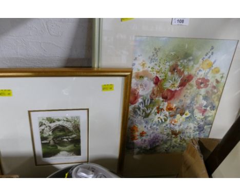 Original watercolour "Flowers of The Garden" by Anita Tomlinson and a coloured etching of Abbot Holme Bridge