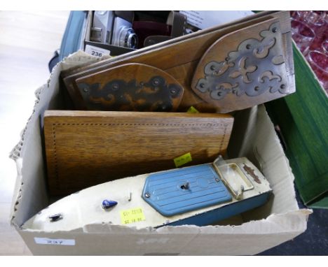 Wooden book trough, wooden press and a vintage tin Hornby clockwork boat hull