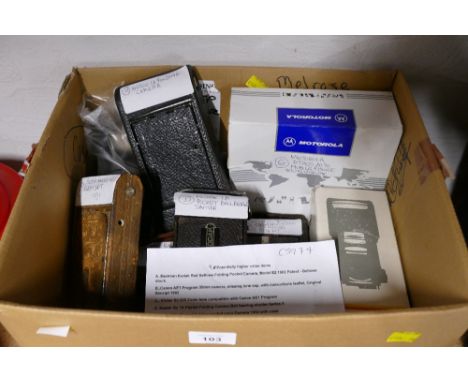 Box of vintage cameras - Eastman Kodak folding camera, Canon AE1, Vivitar 80-100 zoom lens, Kodak No 1 pocket folding camera,