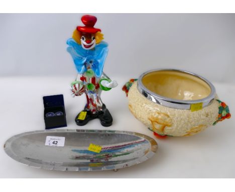 Clarice Cliff Celtic Harvest fruit bowl, Murano style glass clown, Borrowdale dish and boxed pair of Atlas edition cufflinks