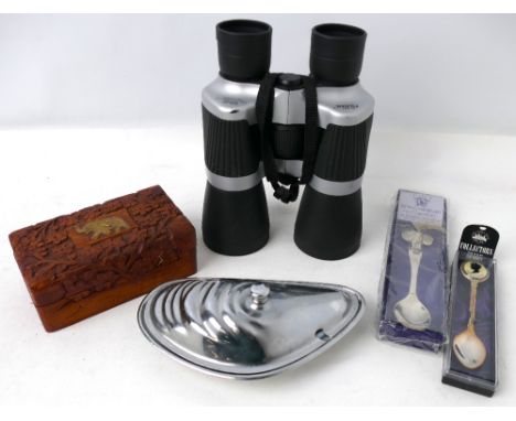 Pair of Fujian binoculars, wooden trinket box, clam shaped dish and two souvenir spoons