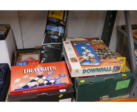 Two boxes of vintage toys and board games - Downfall, Scrabble, Booby Trap, Pelham puppet and Calypso 125GX kite