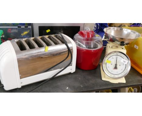 Dualit 6 slice toaster, set of cream Typhoon weighing scales and Andrew James ice cream maker