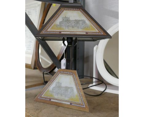 Table lamp with glass panels decorated with Workington scenes, 44 cm high