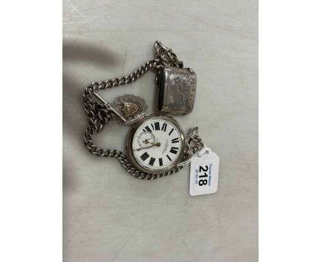 Late Victorian gents silver pocket watch by Poole, Middlesbro, with key, silver albert, vesta and medallion.