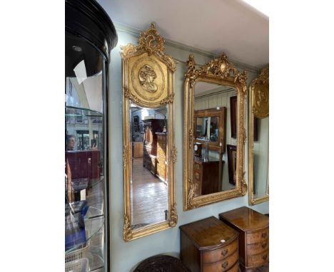 Pair rectangular gilt framed lady portrait bevelled wall mirrors, 180cm by 53cm.