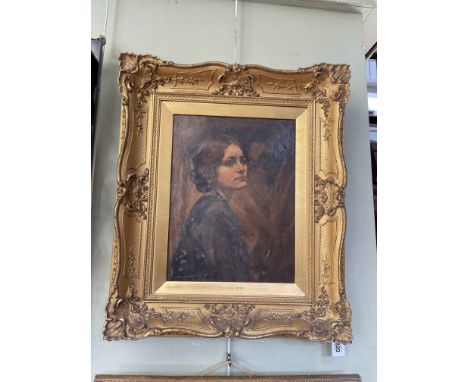 Portrait of a lady with artist Allan Davison attribution to gilt slip, 38cm by 29cm.