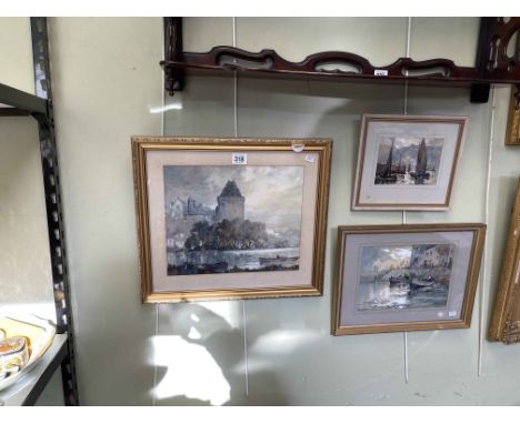 R L Howey, three small watercolours, two Whitby (inscribed verso), and castle in river scene, largest image 25cm by 30cm.