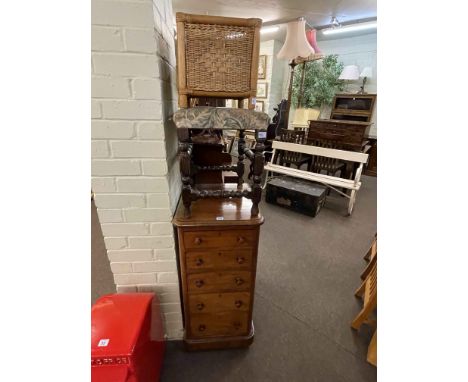 Slim Victorian mahogany five drawer chest, two open bookcases, dressing and toilet mirrors, plant stand, stool, wicker plante