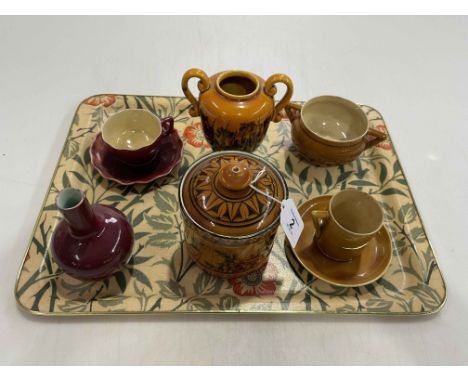 Linthorpe Pottery: two cups and saucers, basin, jar and two vases (6).