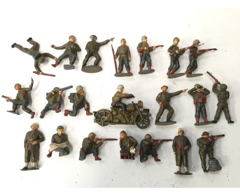 Selection of lead soldiers by Johillco or similar, includes map-reader and motorcycle with rider. Conditions G-P. (21)