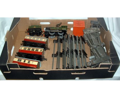 HORNBY O Gauge No BR Green 0-4-0 no 50153 and Tender (Excellent with Key), 3 x No 51 Red & Cream Coaches, 6 x PR2L and R Poin