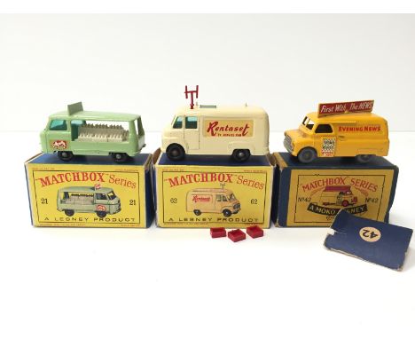 Three Lesney Matchbox 1-75 series models: 62 TV Service Van 'Rentaset' (G/VG, missing ladder, in G+ box); 21 Milk Delivery Tr