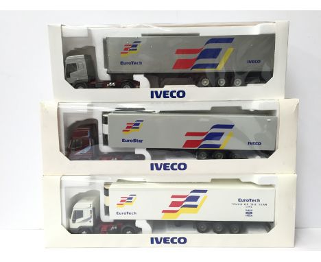 Three Iveco 1/43 scale lorries: Old Cars (Italy) EuroStar and EuroTech Truck of the Year 1993; Louis Surber (France) #4700 Eu