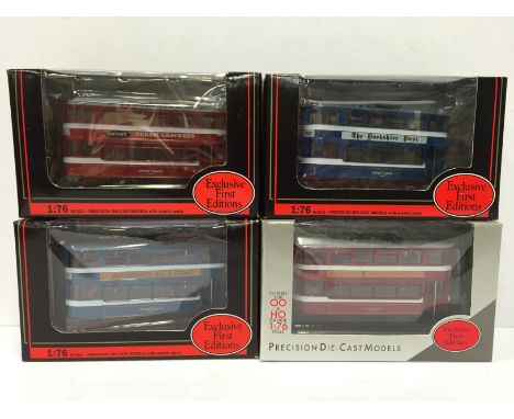Four Exclusive First Editions (EFE) tram models 1/76 scale: 14302 Leeds Horsfield Whitbread/ Stylo; 13402 Leeds Transport/CWS