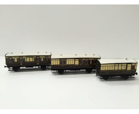 3 x Brass Kit Built GWR Chocolate and Cream 4 wheel Coaches built by David Lawrence and painted by Larry Goddard each with 2 