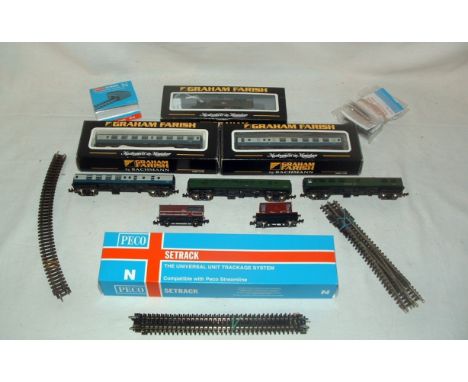 A tray containing an N Gauge Locomotive, Coaches and Track - BACHMANN/FARISH  371-977 BR lined Green Class 61XX 2-6-2T no 515