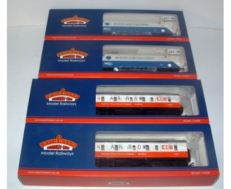 BACHMANN 4 x Bogie Freight Wagons - 2 x 34-331 50' Stanier Tartan Arrow Parcels Vans and 2 x 37-327C Buxton Lime Industries J