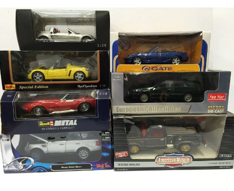 Seven 1/18 scale diecast models by Maisto, Revell and others, includes Sun Star 4154 Audi Quattro Coupe (M). Appear VG-M in G