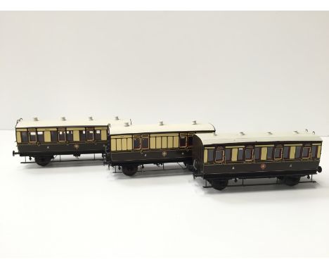 3 x Brass Kit Built GWR Chocolate and Cream 4 wheel Coaches built by David Lawrence and painted by Larry Goddard each with a 