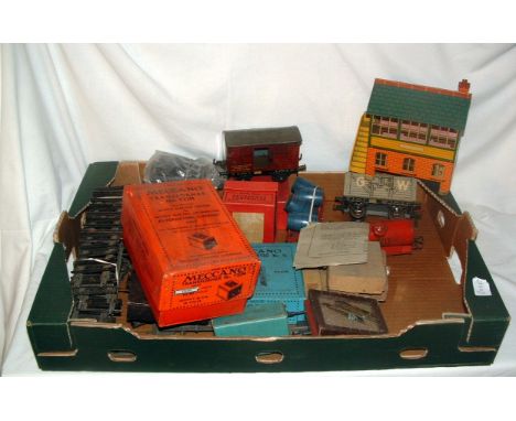 A tray of HORNBY and other O Gauge - Hornby No 2E Signal Cabin (Good), a No 1 LMS Fish Van, Red Shell Tankeer and Barrell Wag
