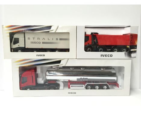 Three Eligor (France) Iveco Stralis 1/43 scale diecast models, includes tanker. Appear VG-E and boxed.  