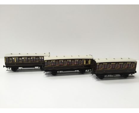 3 x Brass Kit Built GWR Chocolate and Cream 4 wheel Coaches built by David Lawrence and painted by Larry Goddard each with 2 
