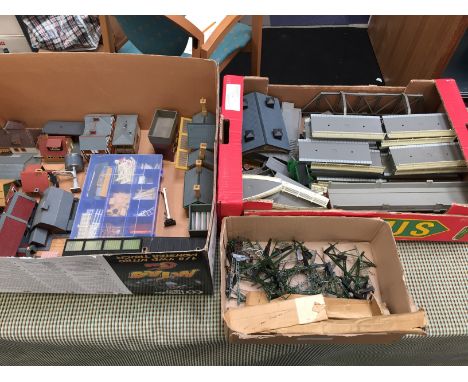2 x Boxes containing a quantity of HORNBY Platform Sections, Fencing, Station Buildings, an Engine Shed, Footbridge, Trestle 